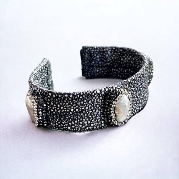 Stingray Gray Open Cuff Bracelet with Pearls and Rhinestones - Picture 1 of 8